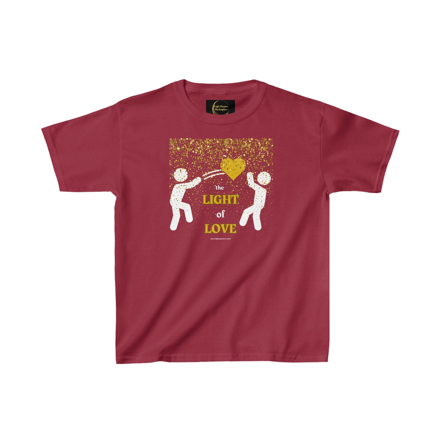 Youth red shirt with gold heart design, ideal for daily wear. 100% cotton fabric, twill tape shoulders, ribbed collar for durability. Classic fit, tear-away label, seamless sides.