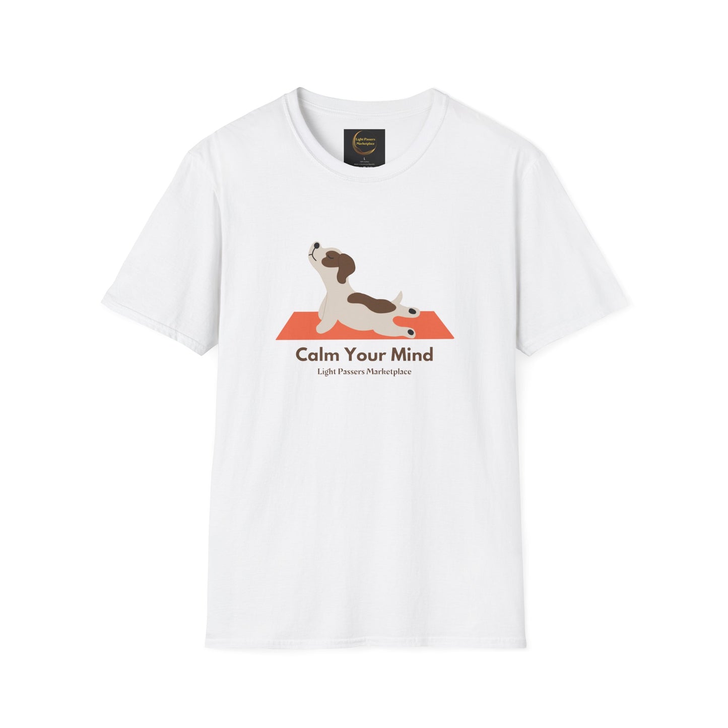 A white unisex t-shirt featuring a dog design, made of soft 100% ring-spun cotton. Ribbed collar, tear-away label, and ethical US cotton construction for versatile, comfortable wear.