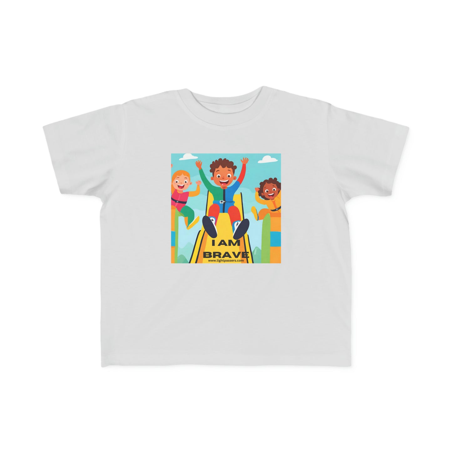 A white toddler t-shirt featuring cartoon characters of brave kids on a slide. Made of 100% soft combed cotton, with durable print, perfect for sensitive skin.