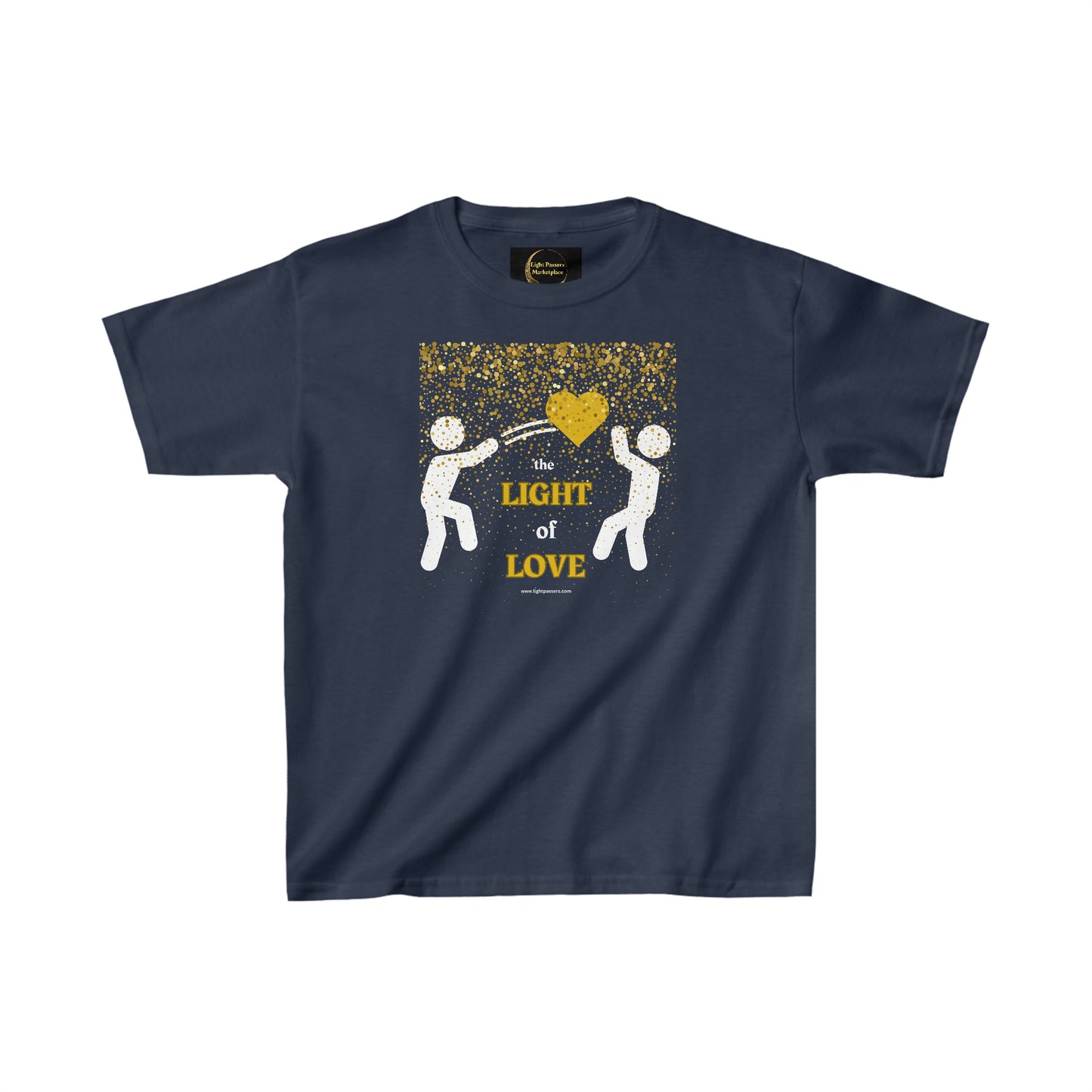 Youth T-shirt featuring a blue shirt with a gold heart design. Made of 100% cotton, ideal for printing, with twill tape shoulders for durability and ribbed collar.