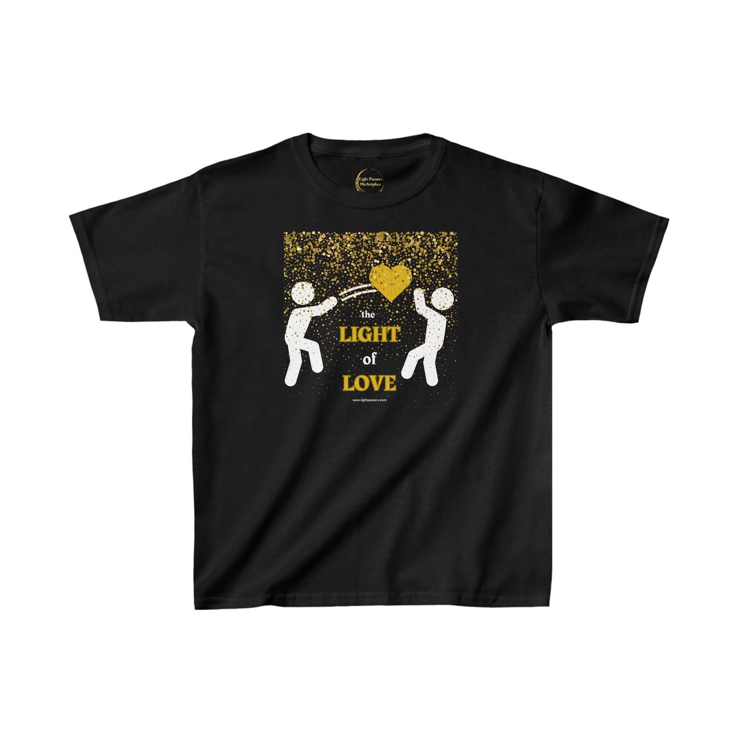 Youth black shirt with white design, featuring a gold heart and people dancing. Made of 100% cotton, ideal for printing, with twill tape shoulders for durability and tear-away label.