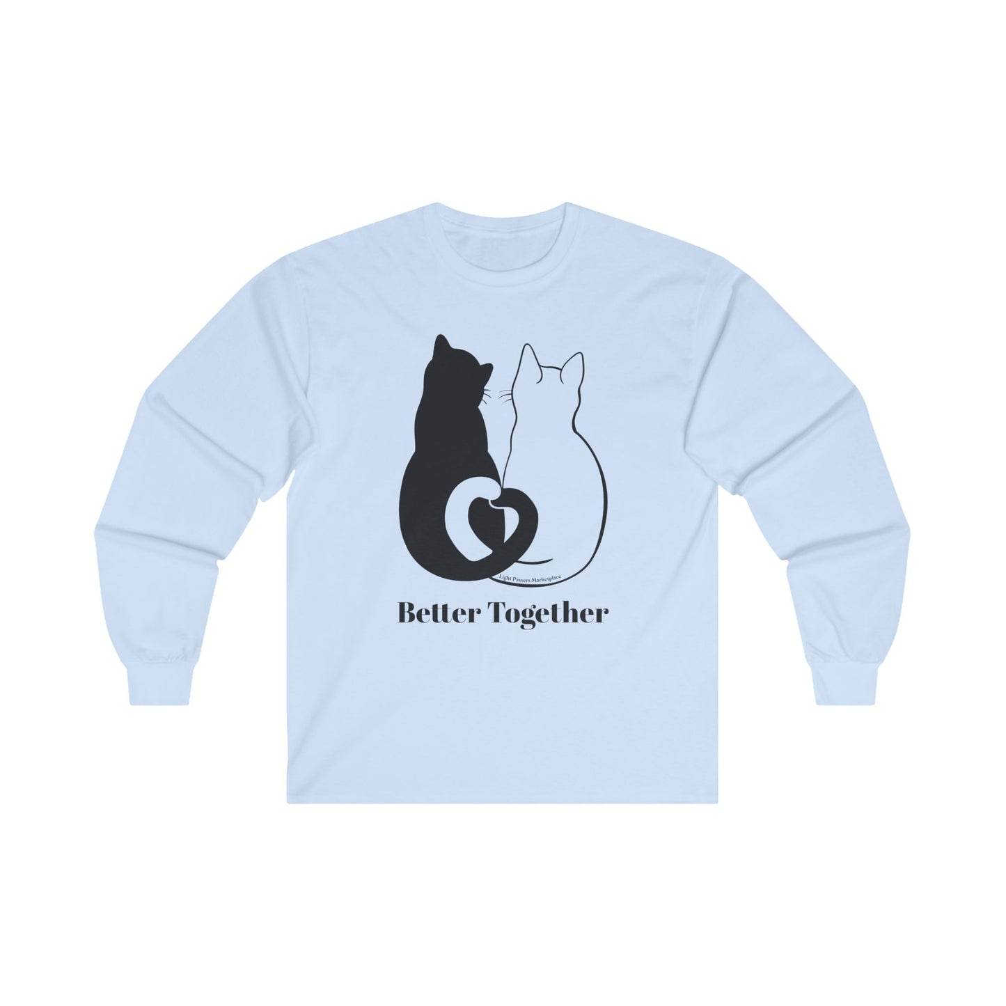 Love and Peace 2 cat Love Tails Long Sleeve features white fabric adorned with black and white cat designs, symbolizing unity and affection, ideal for cat enthusiasts.