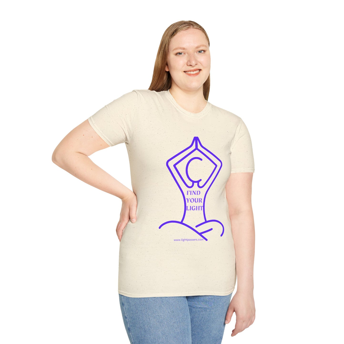 Woman smiling, wearing Health The Light Yoga Find Your Light Adult Unisex T-shirt with a purple design, paired with blue jeans. Perfect for yoga and meditation enthusiasts.