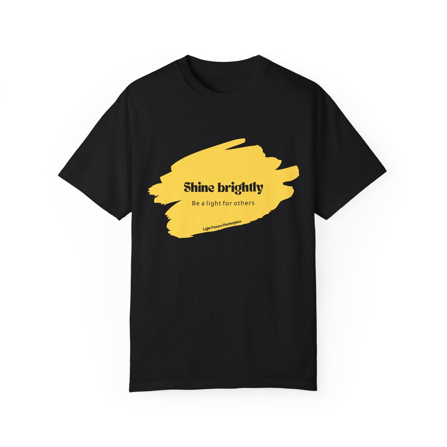 The Light Shine Brightly for Others Inspirational Design Adult Unisex T-shirt showcasing yellow text on a black shirt with a relaxed fit and classic crew neckline.