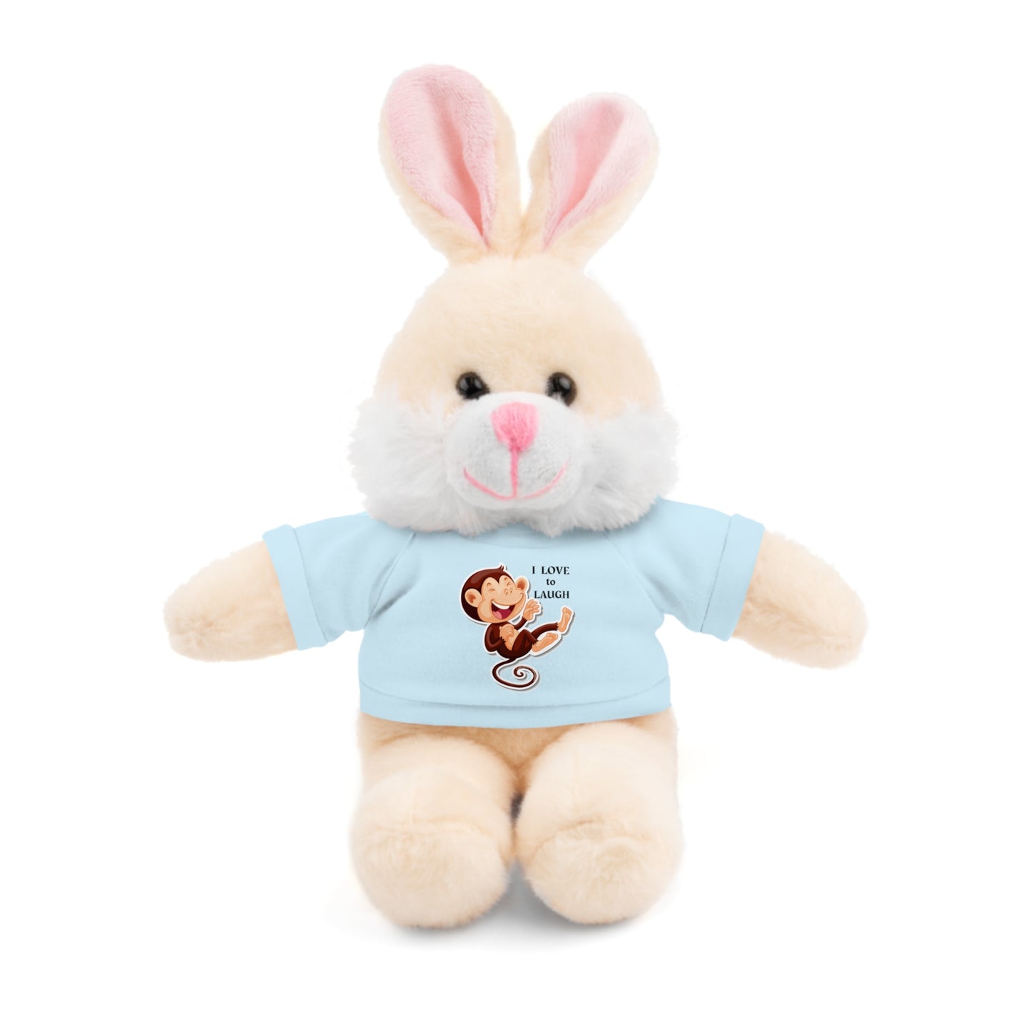 Cool Stuff Stuffies plush bunny with a removable T-shirt, featuring a cartoon monkey laughing, perfect for kids' play and snuggles.