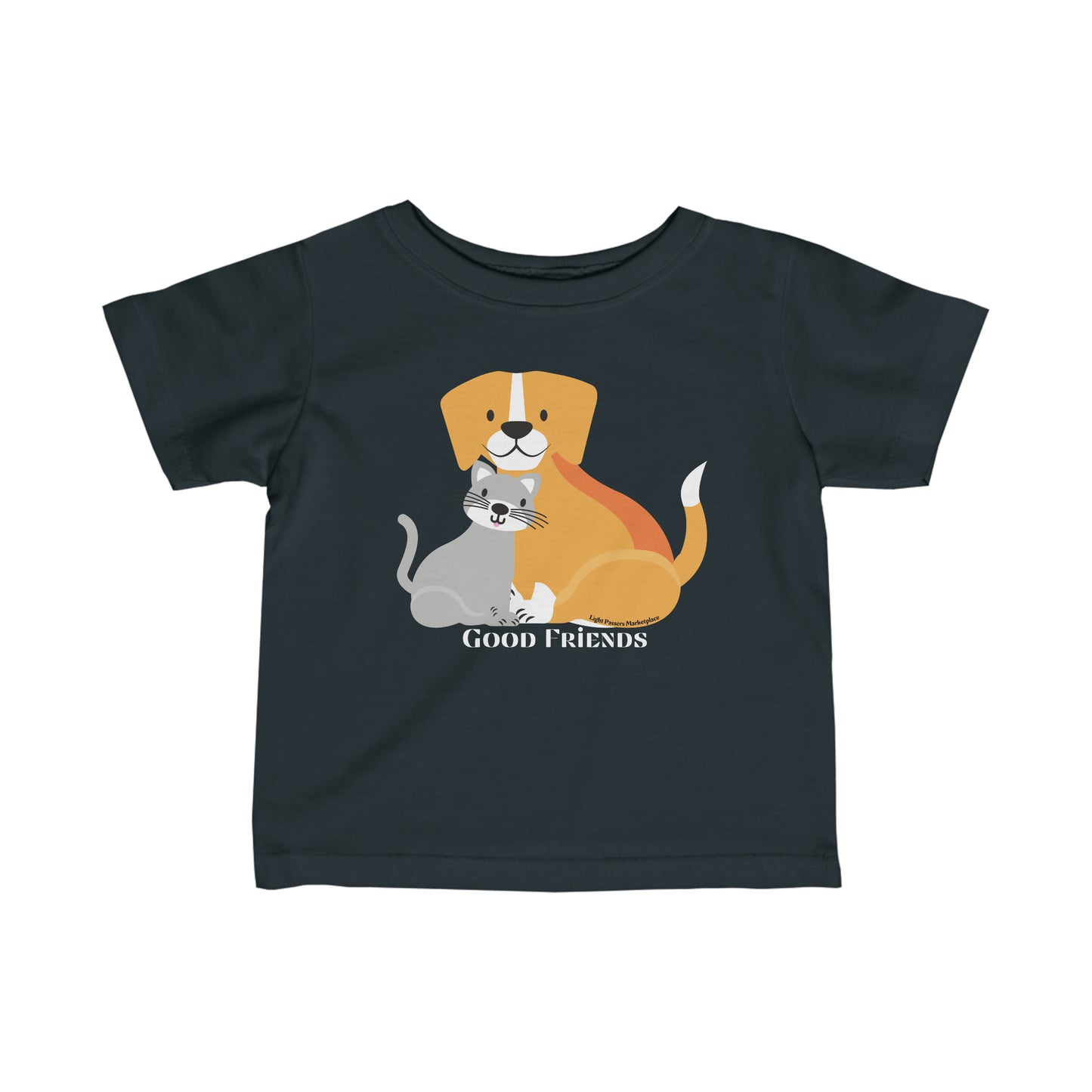 Infant fine jersey tee featuring a cartoon cat and dog design. Side seams, ribbed knitting, and taped shoulders for durability and comfort. 100% Combed ringspun cotton, light fabric, classic fit.