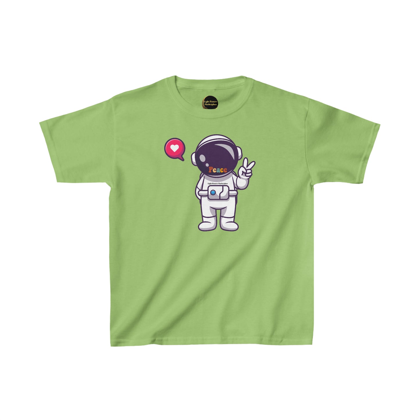 A green youth t-shirt featuring a cartoon astronaut making a peace sign. Made of 100% cotton, with twill tape shoulders and ribbed collar for durability. Ethically sourced US cotton.