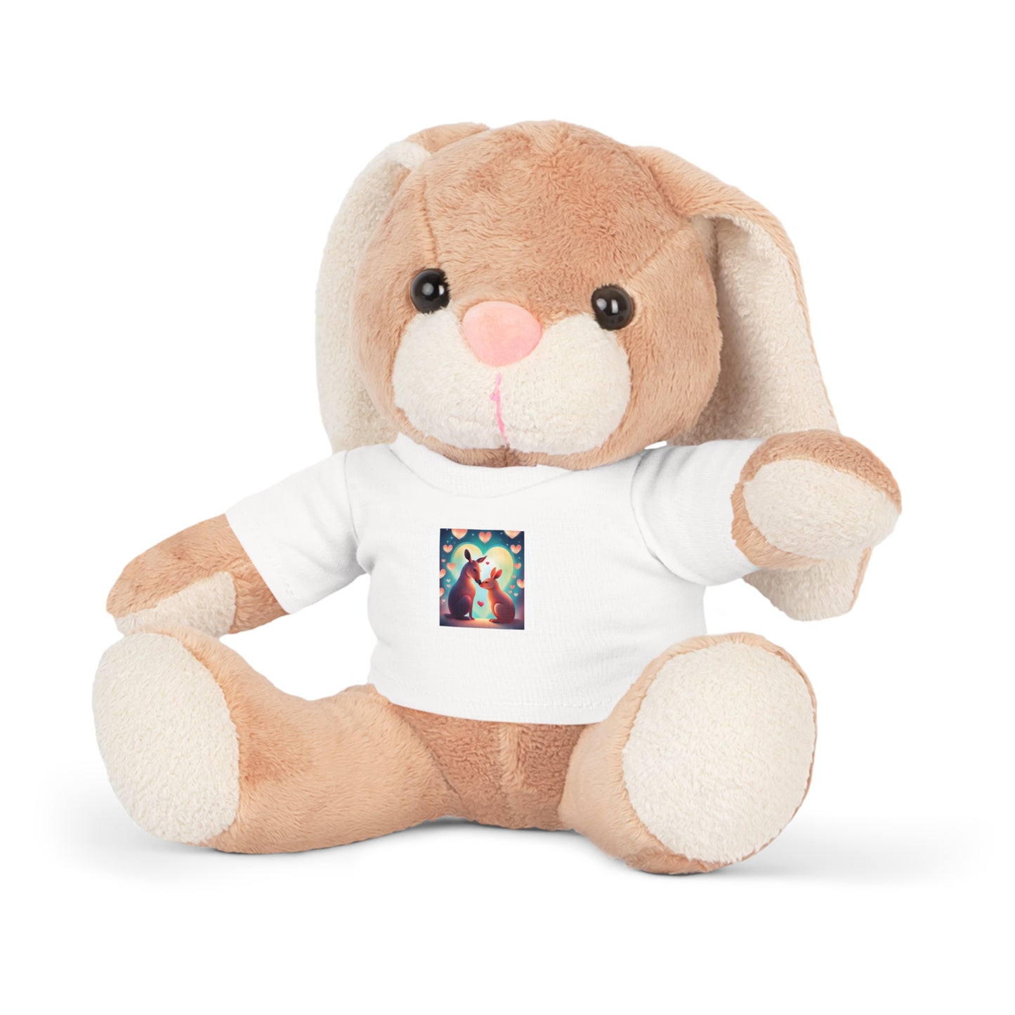 Bunny Love Long Ears Stuffy wearing a removable white T-shirt, featuring a bunny print, perfect for cuddling and gifting on special occasions.