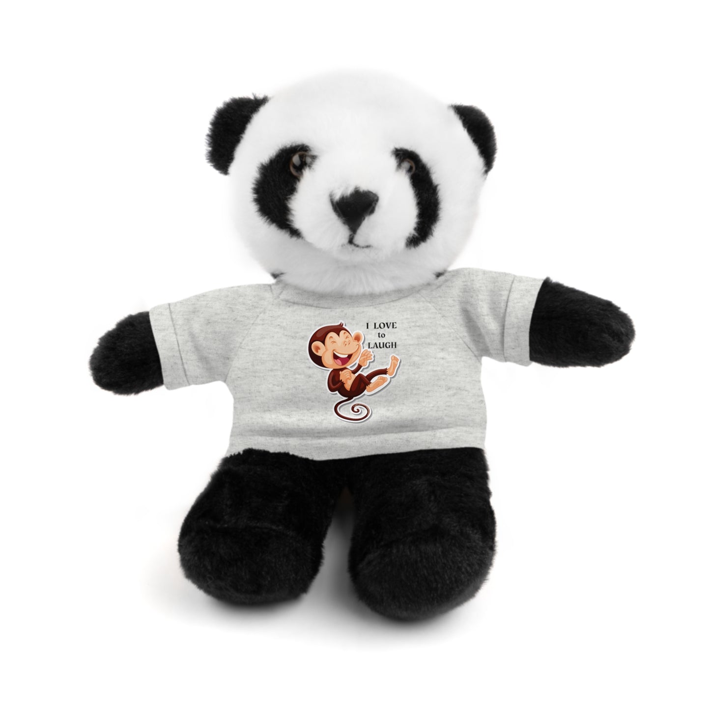 Stuffed panda bear from Cool Stuff Stuffies, wearing a removable I Love to Laugh Monkey t-shirt, perfect for snuggling and gifting.