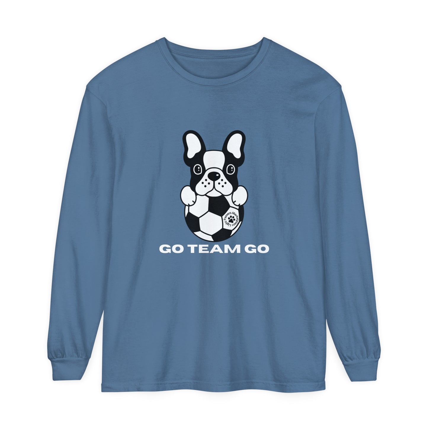 Teams Soccer Dog Adult Unisex Garment-dyed Long Sleeve featuring a black and white dog with a football, crafted from 100% ring-spun cotton for comfort.