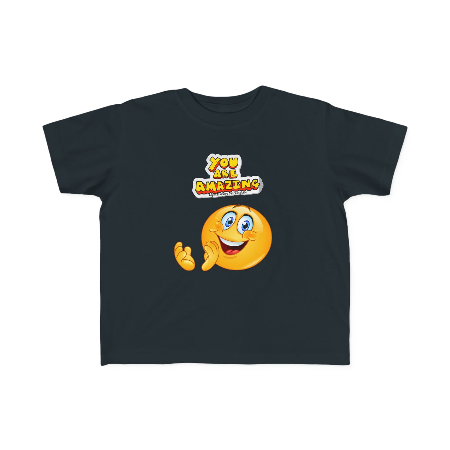 Black toddler t-shirt featuring a cartoon face design, made of soft 100% combed cotton. Durable print, light fabric, tear-away label, and classic fit for comfort and style.
