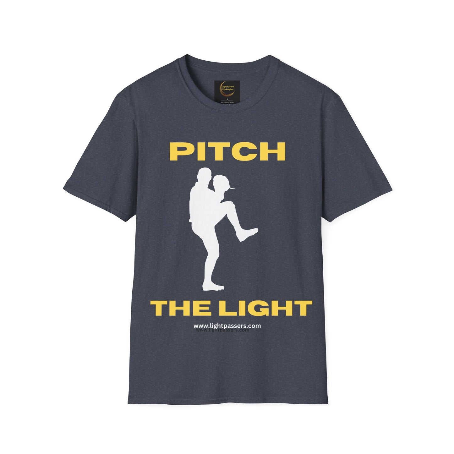 A soft-style unisex t-shirt featuring a baseball player graphic. Made of 100% cotton with twill tape shoulders for durability and a ribbed collar. Product title: PITCH THE LIGHT yellow lettering Unisex T-Shirt.