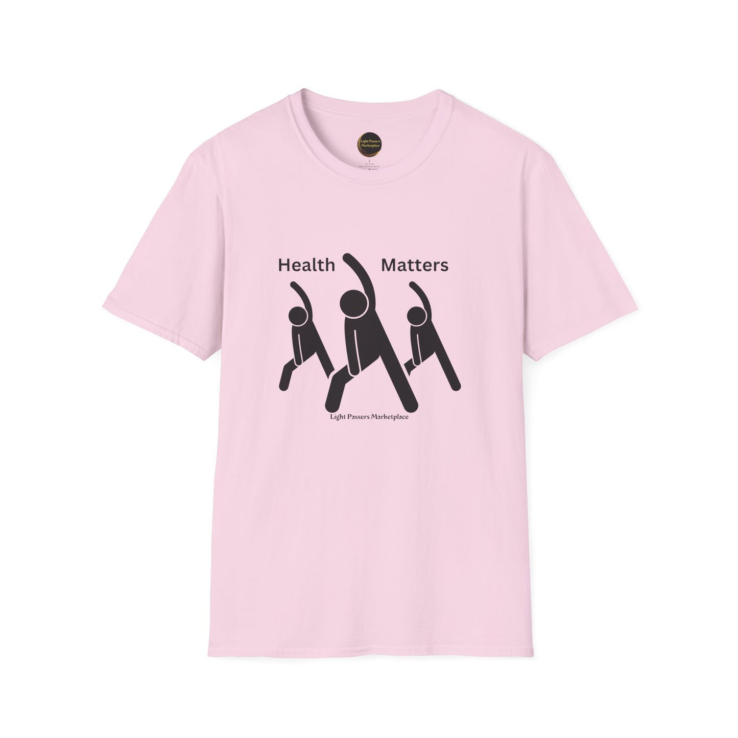 A pink unisex t-shirt featuring black and white images of people stretching, made from soft 100% ring-spun cotton. No side seams, ribbed collar, and tear-away label for comfort. Ethically sourced.