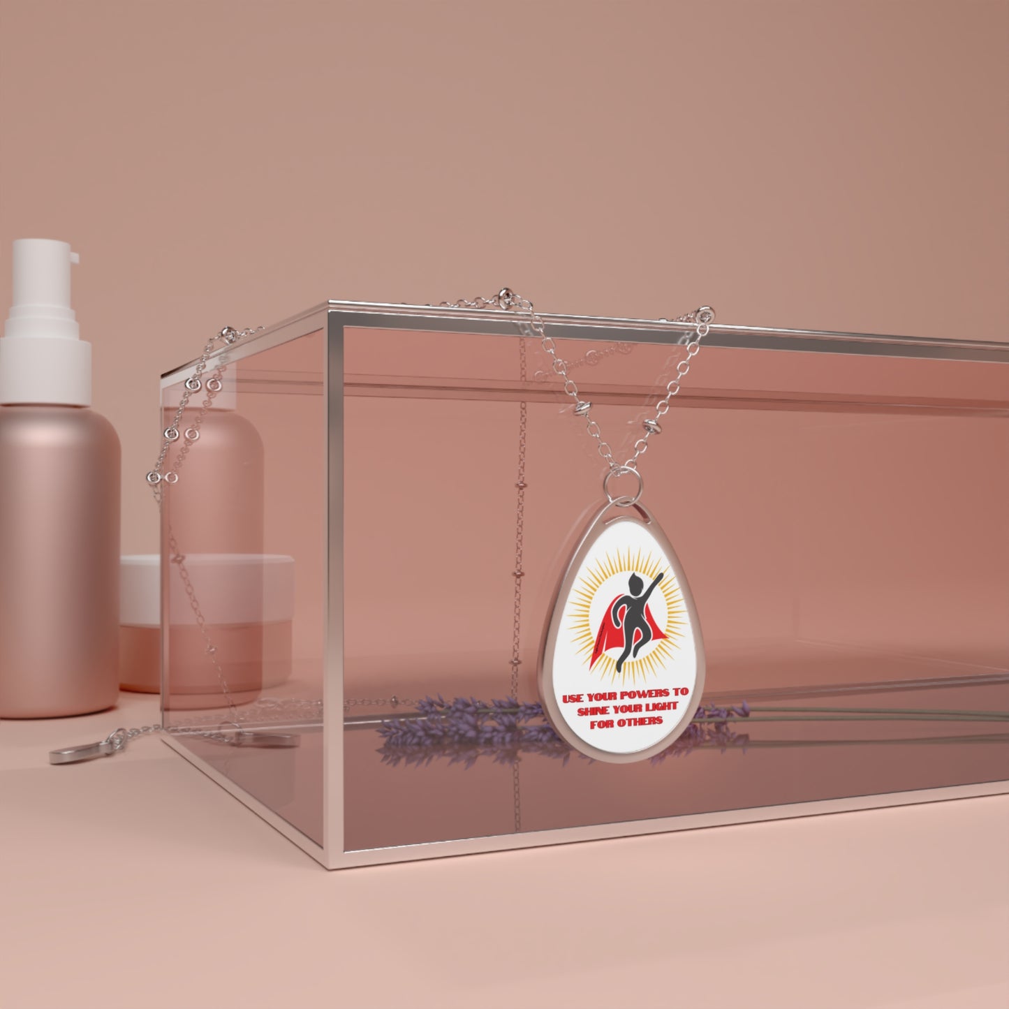 Join the Mission Necklace in a glass box with a lavender flower, featuring a silver oval medallion and lobster clasp. Perfect for spreading positivity.
