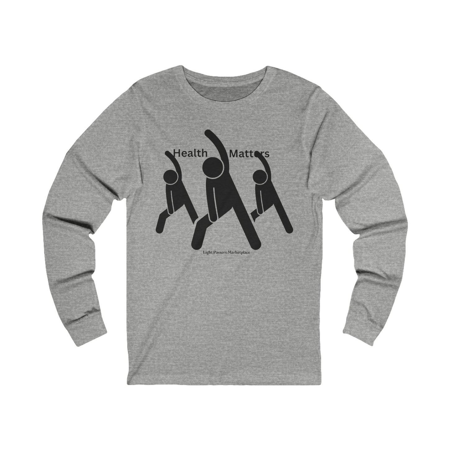 Health Matters Long Sleeve with 3 People Stretching, features black and white images, ideal for health enthusiasts seeking comfort and style in everyday wear.