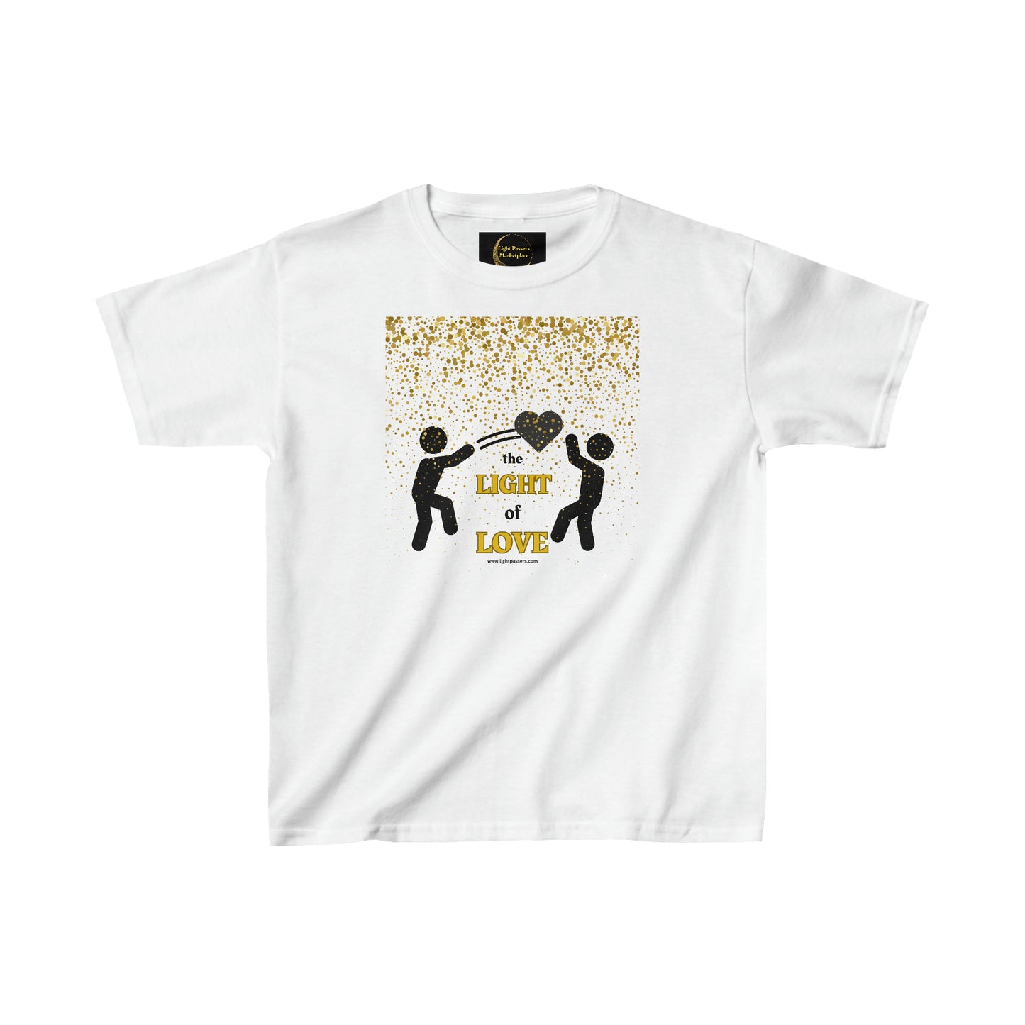 Youth white t-shirt with black and yellow design, featuring a heart and text, ideal for everyday wear. 100% cotton fabric, tear-away label, classic fit, and durable twill tape shoulders.
