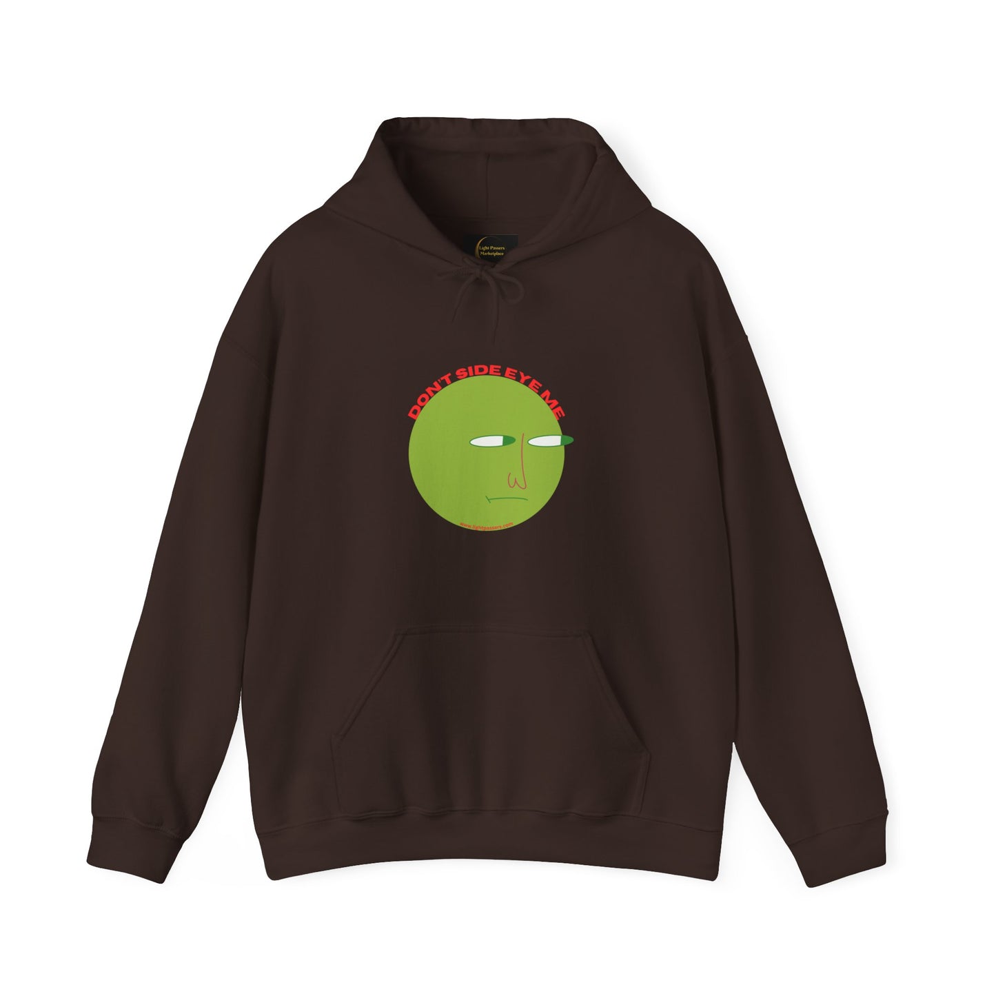 A brown hooded sweatshirt featuring a green face design, made of cozy cotton-polyester blend for warmth and comfort. Includes a kangaroo pocket and color-matched drawstring for style.