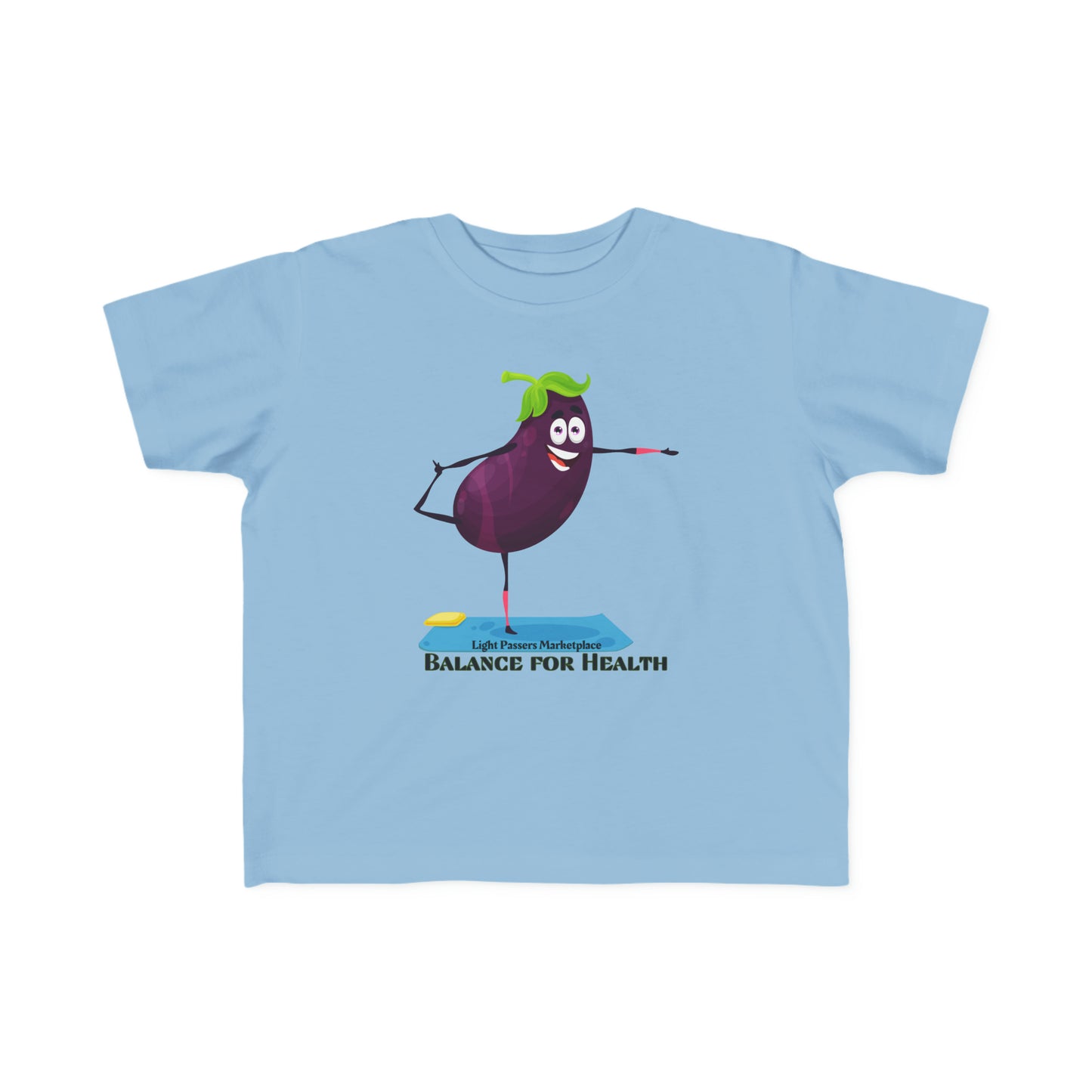 A toddler t-shirt featuring a cartoon eggplant design, ideal for sensitive skin. Made of 100% combed, ring-spun cotton with a durable print. Classic fit, tear-away label, and light fabric.