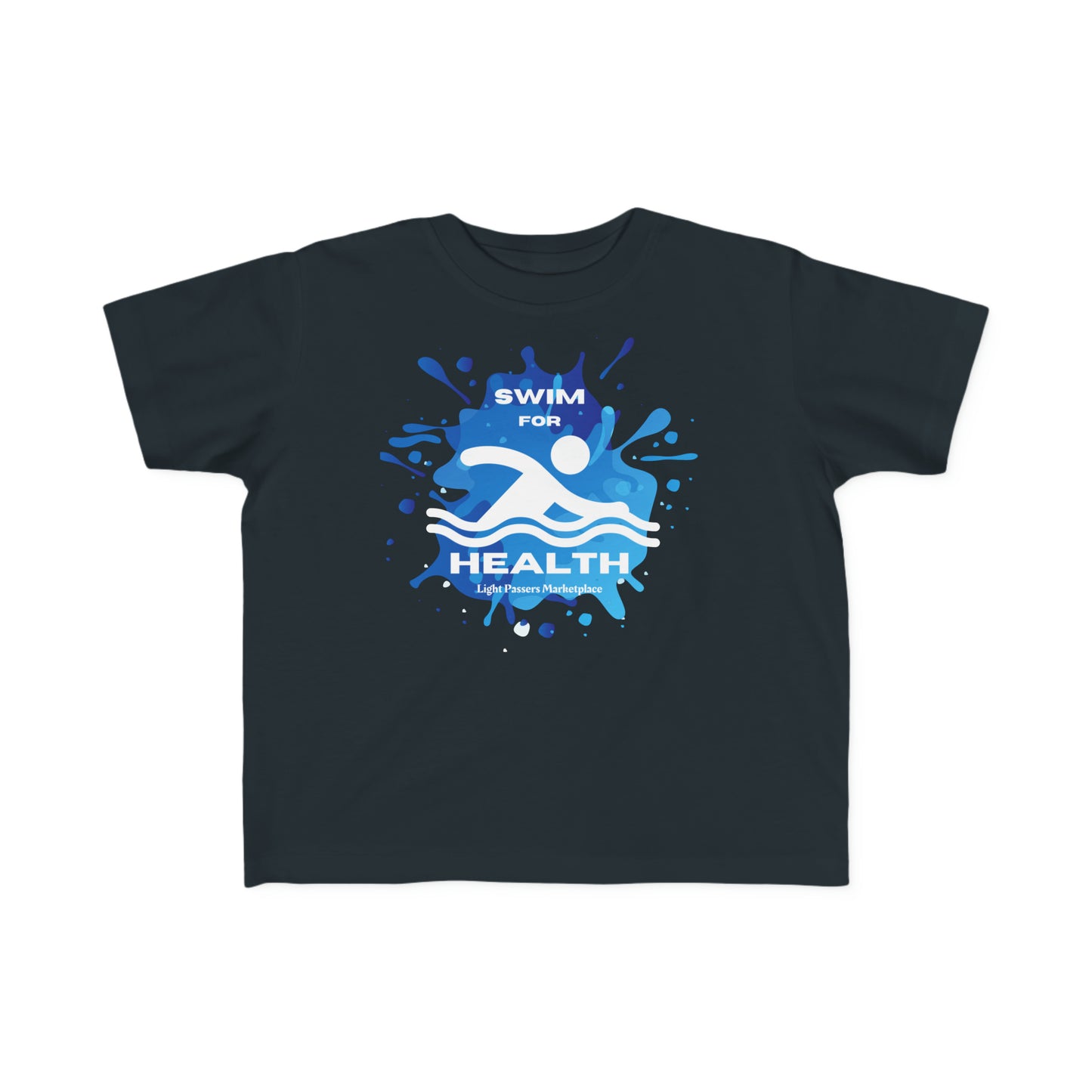 A black toddler t-shirt featuring a swim competition logo and blue paint splashes. Made of soft, durable 100% combed cotton, perfect for sensitive skin. Classic fit, tear-away label, 4.5 oz/yd² fabric.