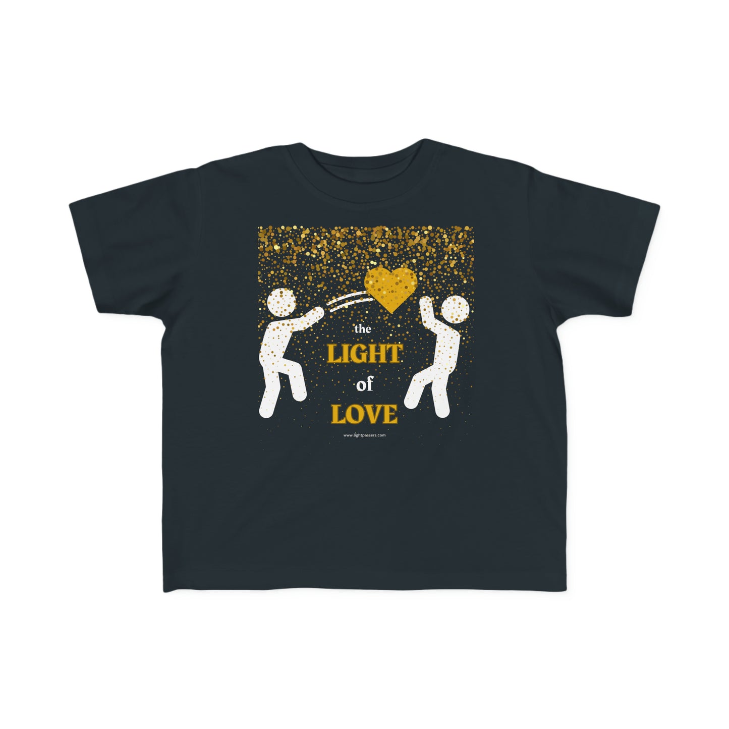 A black toddler t-shirt featuring a gold heart design, ideal for sensitive skin. Made of 100% combed, ring-spun cotton with a durable print, light fabric, tear-away label, and a classic fit.