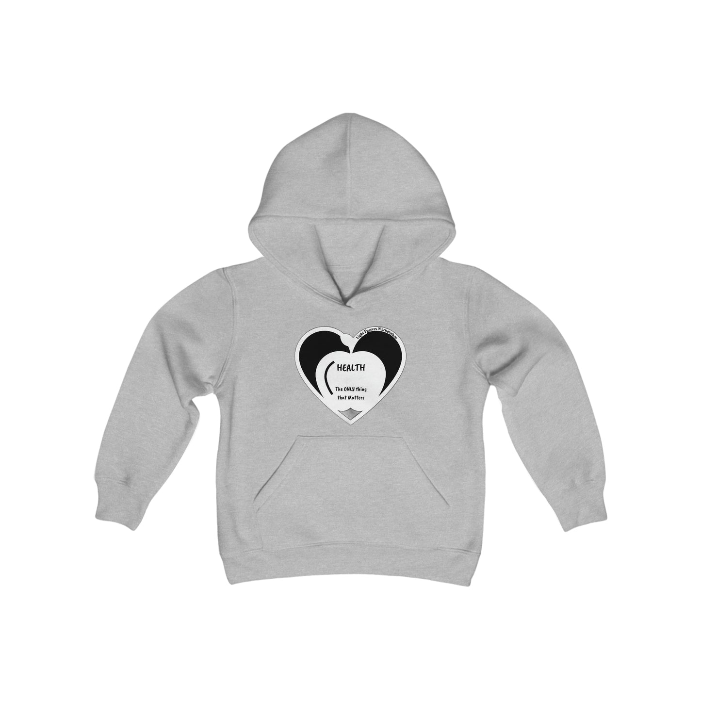 Youth blend hooded sweatshirt featuring a heart design, kangaroo pocket, and twill taping. 50% cotton, 50% polyester, soft fleece, ideal for printing.