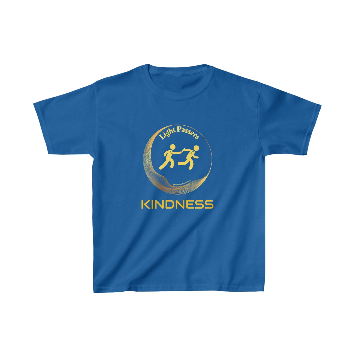 A blue youth t-shirt with a logo, ideal for daily wear. Made of 100% cotton with polyester blend for heather colors. Features twill tape shoulders and ribbed collar for durability.