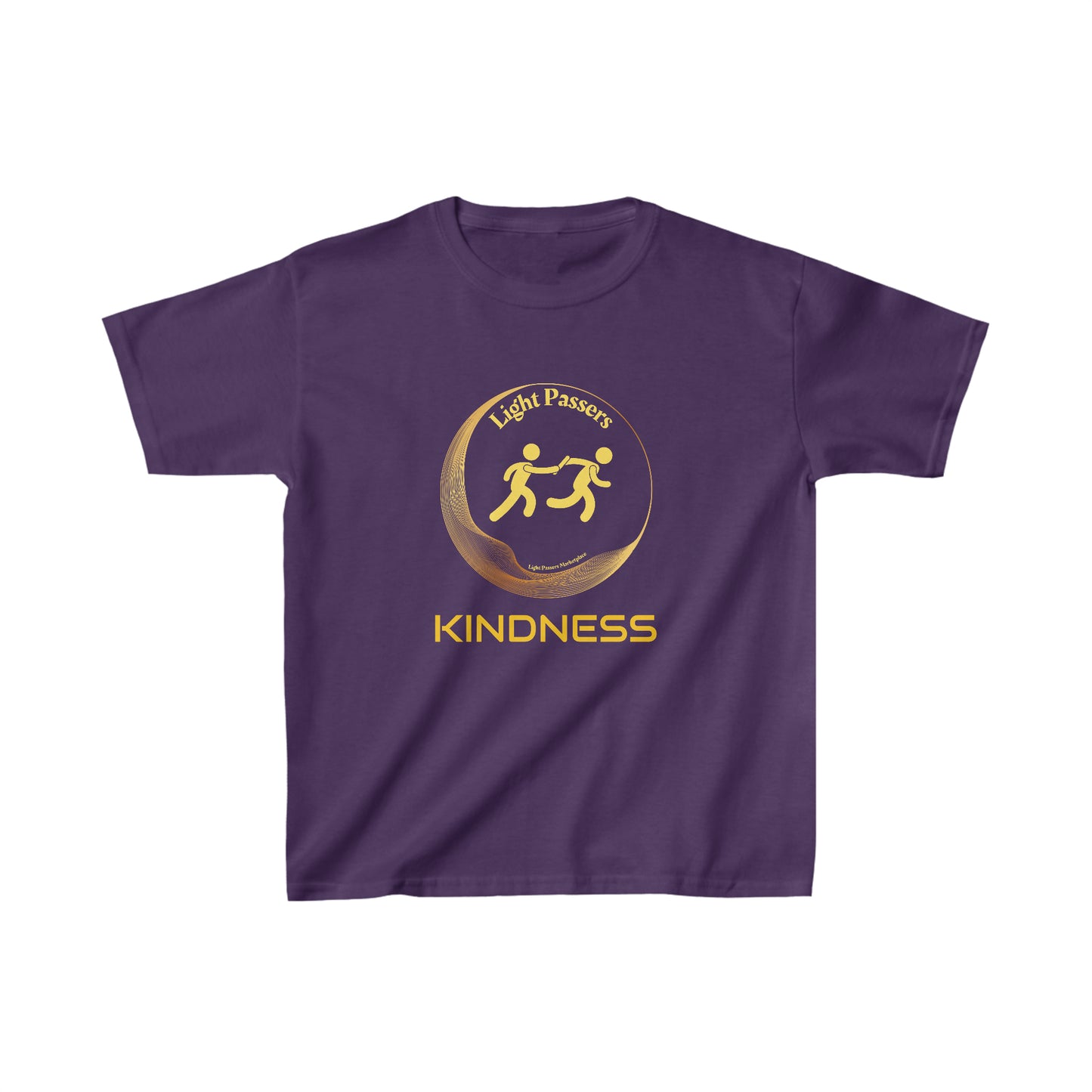 Youth T-shirt with logo of two people holding hands, purple fabric, and yellow text. 100% cotton, durable twill tape shoulders, ribbed collar, tear-away label. Ideal for everyday wear.