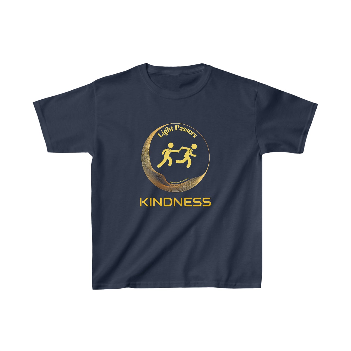 Youth t-shirt featuring a logo with two people running, ideal for everyday wear. Made of 100% cotton, with twill tape shoulders for durability and ribbed collar for curl resistance.