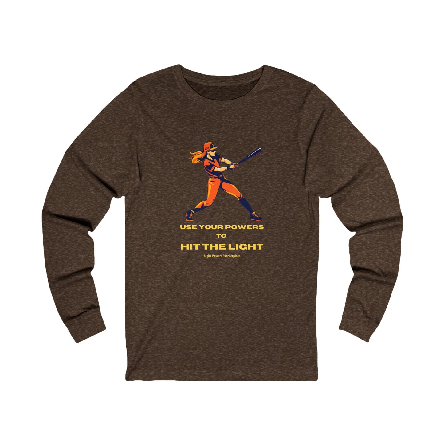 Long Sleeve Girl Use Your Powers to Hit the Light Unisex shirt, featuring a baseball player design, emphasizing motivation and empowerment, with ribbed collar and side seams.