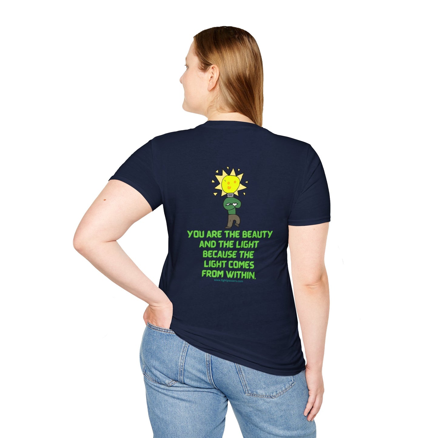 Unisex tee featuring a woman in jeans and a black shirt with green text, a cartoon light bulb character, and fabric close-ups. 100% cotton, no side seams, classic fit.