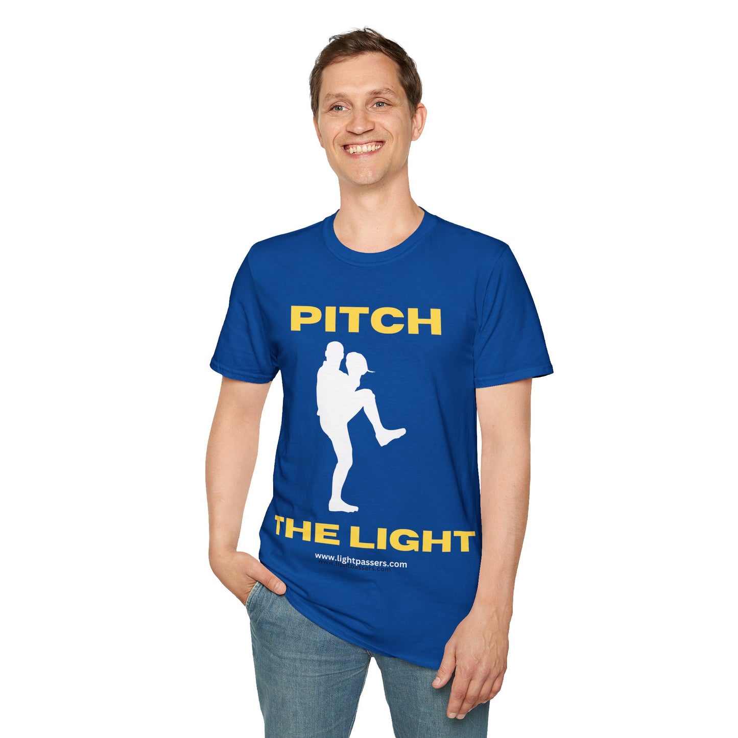 A man in a blue shirt with a baseball player graphic, showcasing the PITCH THE LIGHT yellow lettering Unisex T-Shirt. Soft 100% cotton tee with twill tape shoulders and ribbed collar.