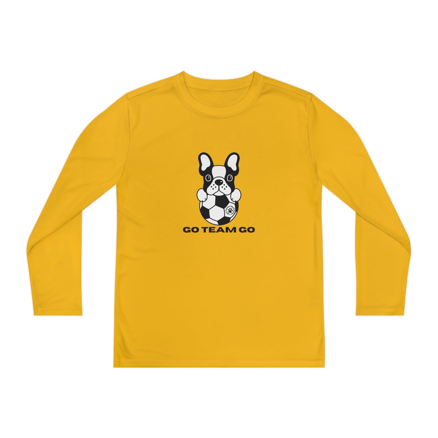 Youth Long Sleeve Soccer Dog Go Team Go featuring a black and white dog with a football, ideal for young soccer fans and sports events.