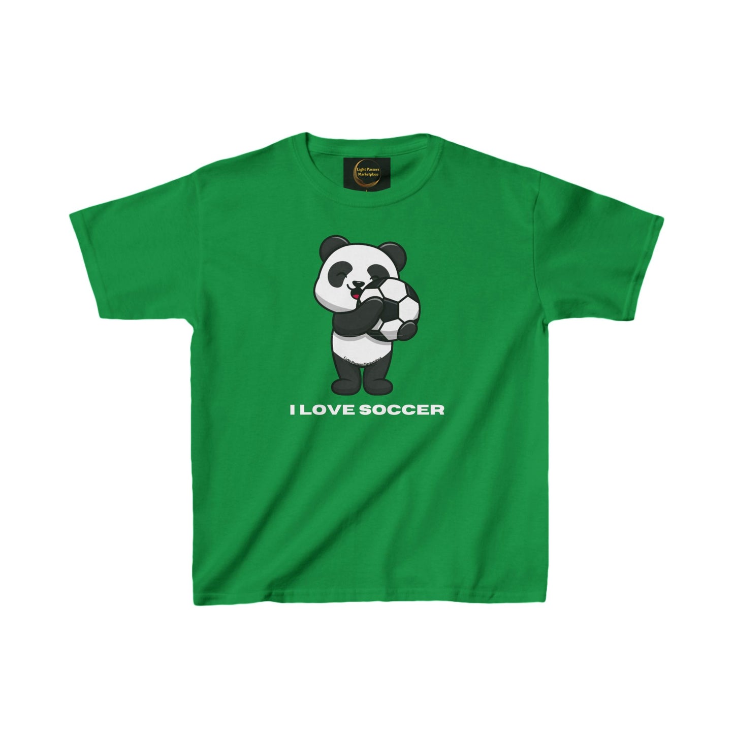 Teams Panda I Love Soccer Youth T-shirt featuring a cartoon panda holding a soccer ball, made from midweight US cotton with a ribbed knit collar.