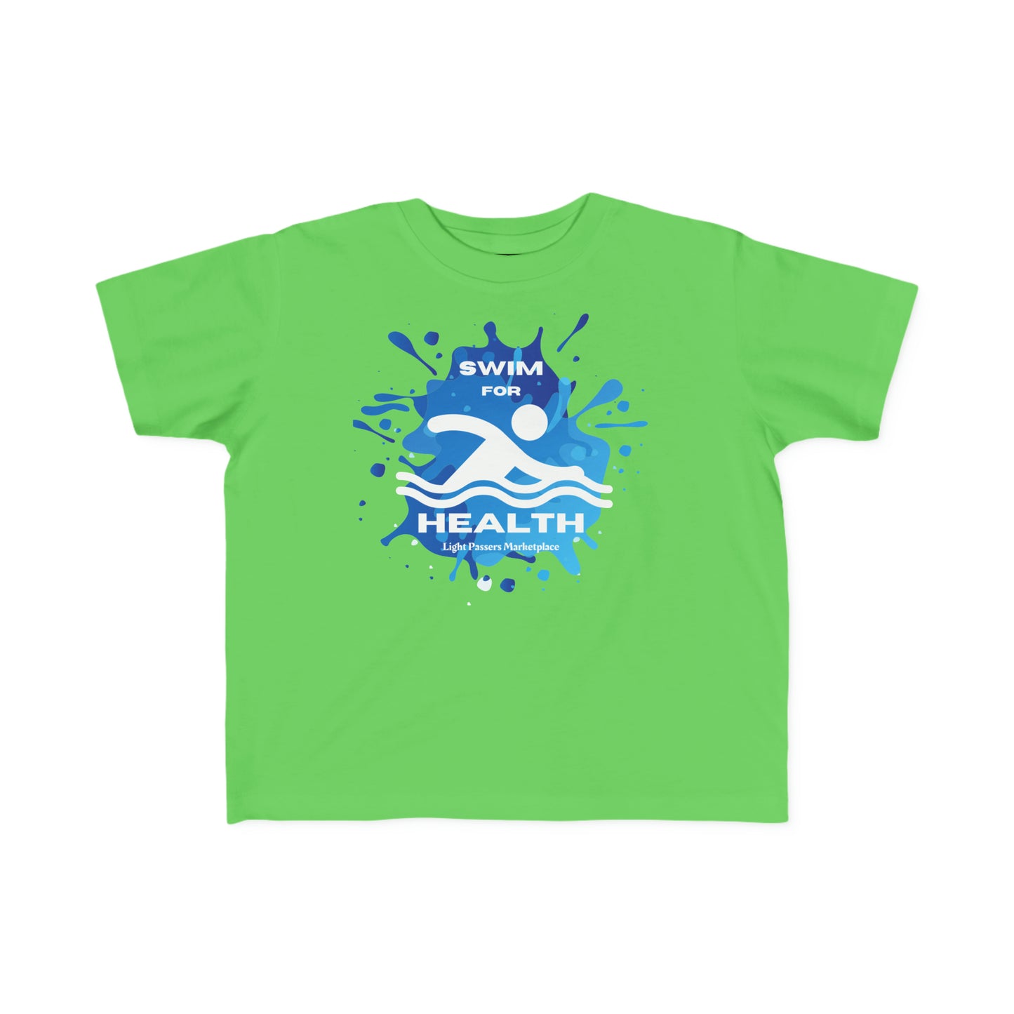 A toddler's green tee featuring a swimmer logo and paint splashes. Made of soft, durable 100% combed cotton, perfect for sensitive skin. Ideal for active little ones.