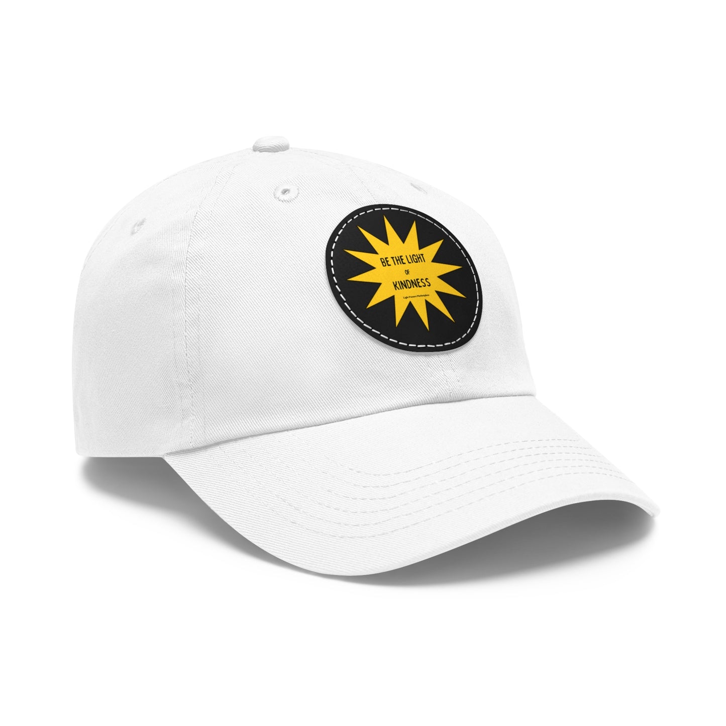 Unisex hat with a yellow sun patch reading 'Be the Light of Kindness', featuring a buckle closure and durable chino twill fabric.
