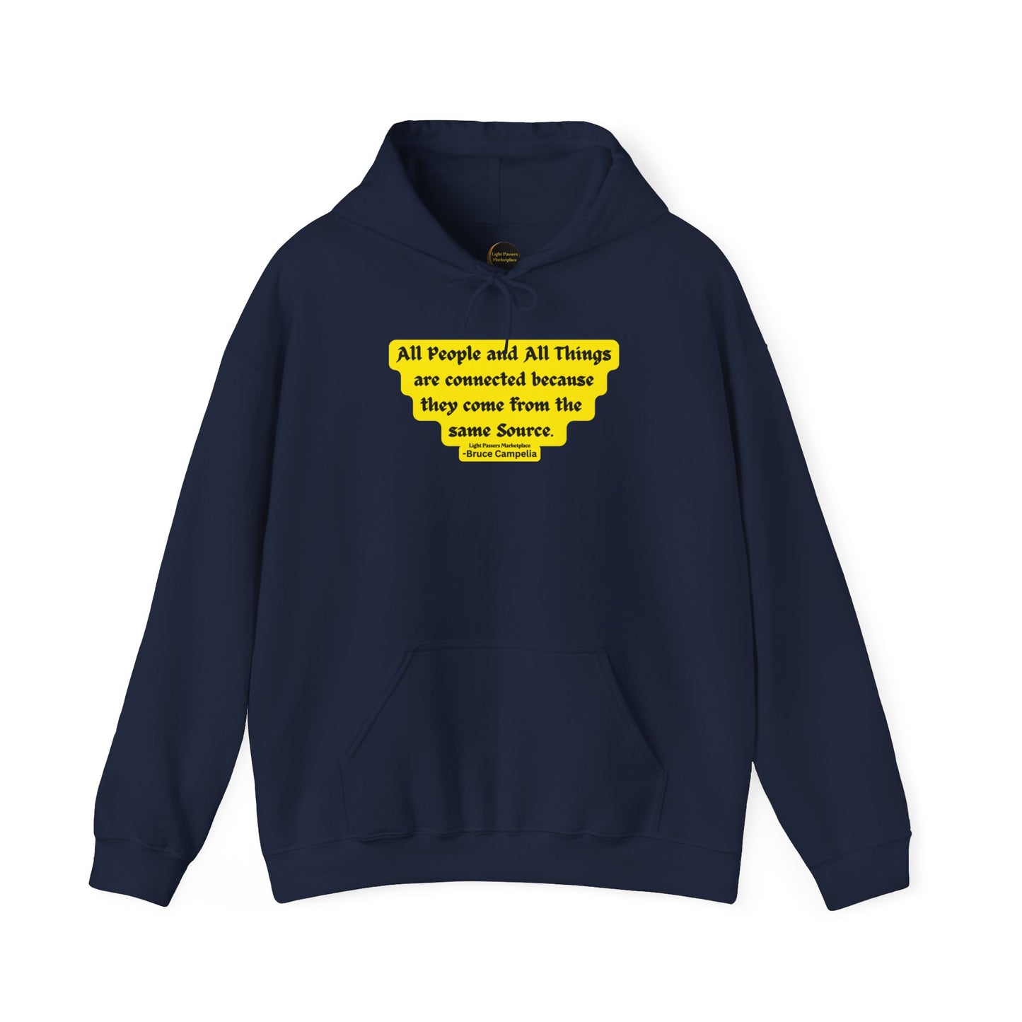 A blue unisex hooded sweatshirt with a kangaroo pocket and color-matched drawstring. Made of 50% cotton and 50% polyester for a cozy, warm feel. Ethically produced by Gildan.