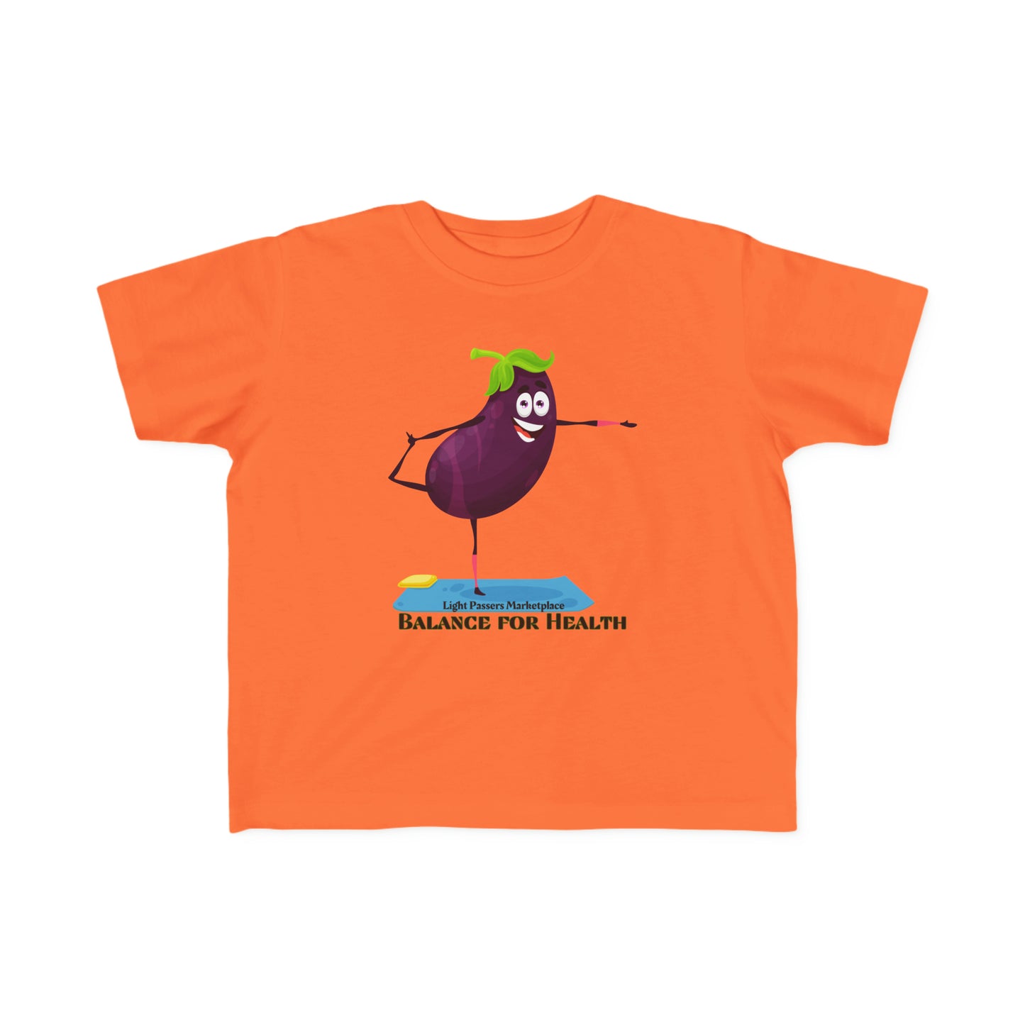 A toddler t-shirt featuring a cartoon eggplant design on soft, durable fabric. Made of 100% combed, ring-spun cotton, with a tear-away label and a classic fit. Ideal for sensitive skin.