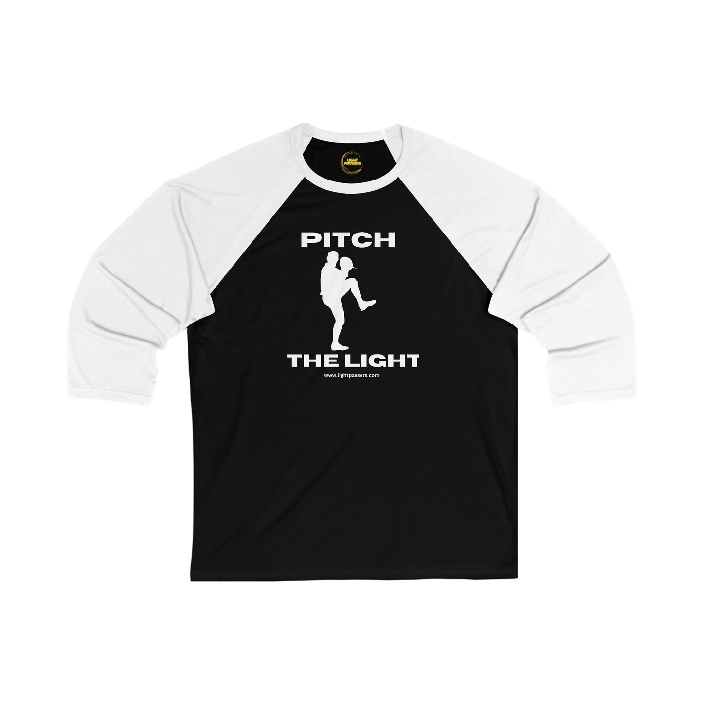 A black and white 3/4 sleeve baseball tee with a yellow logo, featuring a baseball player design, ribbed collar, and lightweight fabric blend for a modern fit.