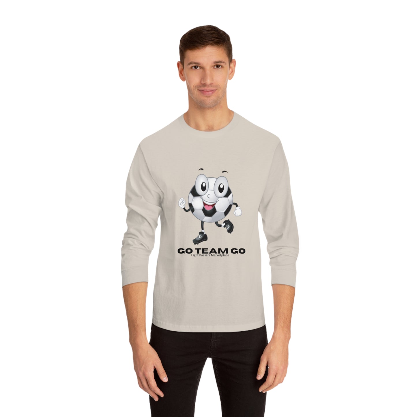 Soccer Ball Guy Long Sleeve Teams Adult Unisex shirt featuring a cartoon football ball graphic, perfect for sports fans and casual outings.