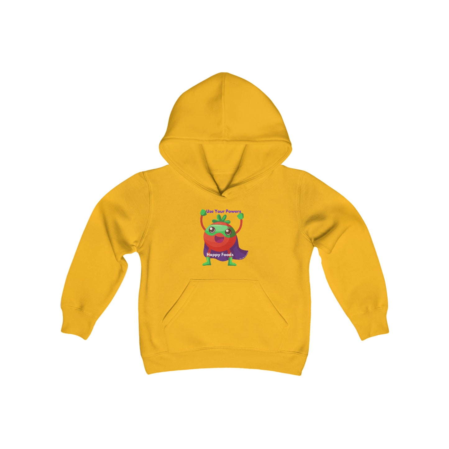 A youth blend hooded sweatshirt featuring a cartoon character with a cape, Tomato Power Happy Food design. Kangaroo pocket, soft fleece, 50% cotton 50% polyester, twill taping, ideal for printing.