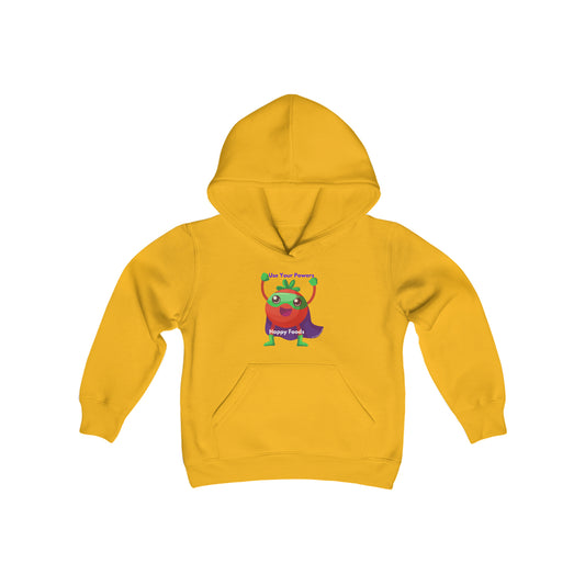 A youth blend hooded sweatshirt featuring a cartoon character with a cape, Tomato Power Happy Food design. Kangaroo pocket, soft fleece, 50% cotton 50% polyester, twill taping, ideal for printing.