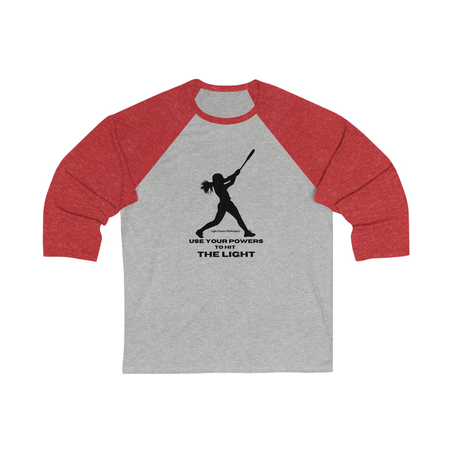 Unisex 3/4 sleeve baseball tee featuring a girl swinging a bat graphic. Ribbed collar, durable seams, 52% cotton, 48% polyester blend. Ideal for vibrant designs.