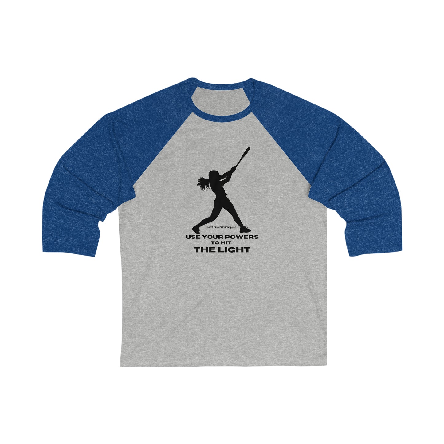 A blue and grey raglan shirt featuring a girl swinging a bat, ideal for showcasing designs on the sleeves. Unisex 3/4 sleeve baseball tee with ribbed collar and durable seams.