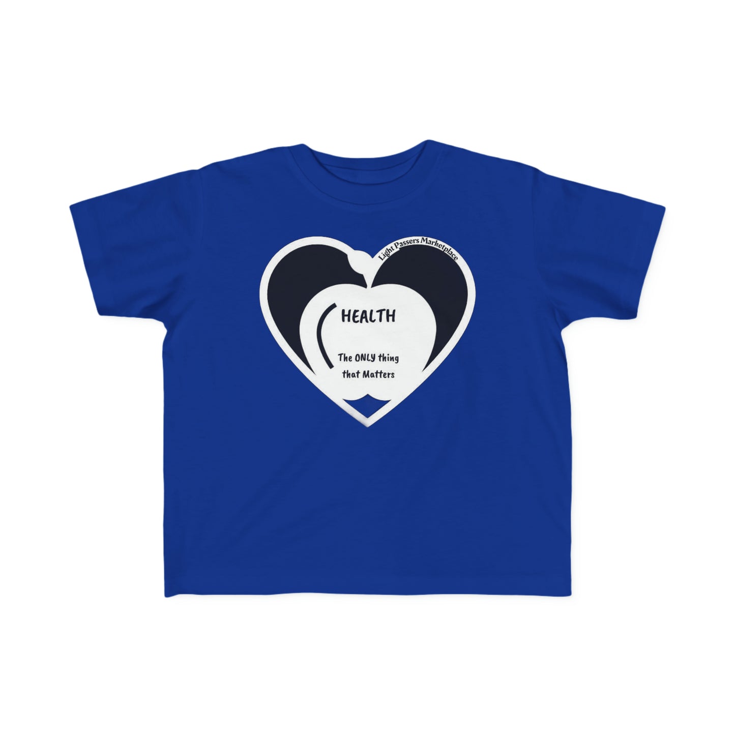 Apple Health Toddler T-shirt featuring a blue shirt with a heart design and black text, ideal for sensitive skin. Made of 100% combed cotton, light fabric, and a tear-away label for comfort.