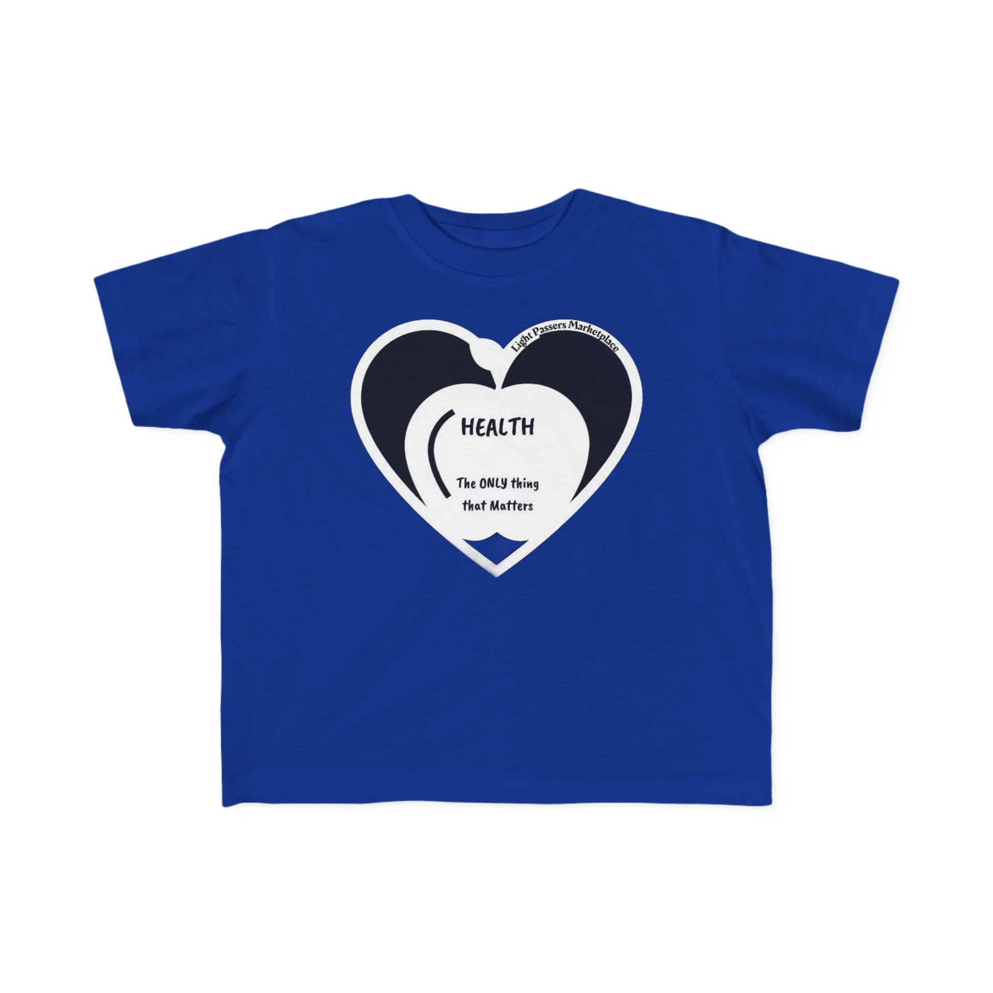 Apple Health Toddler T-shirt featuring a blue shirt with a heart design and black text, ideal for sensitive skin. Made of 100% combed cotton, light fabric, and a tear-away label for comfort.