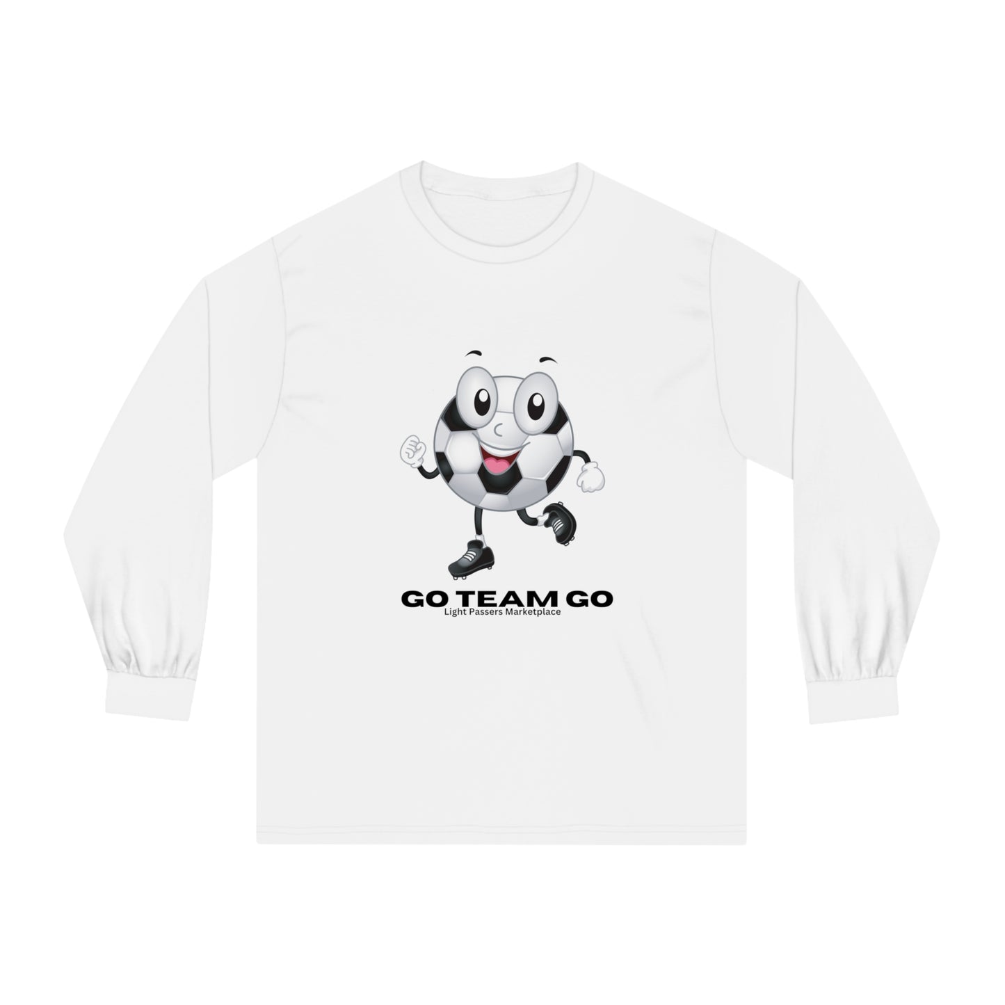 Soccer Ball Guy Long Sleeve Teams Adult Unisex shirt featuring a cartoon football design, ideal for sports fans and casual wear.