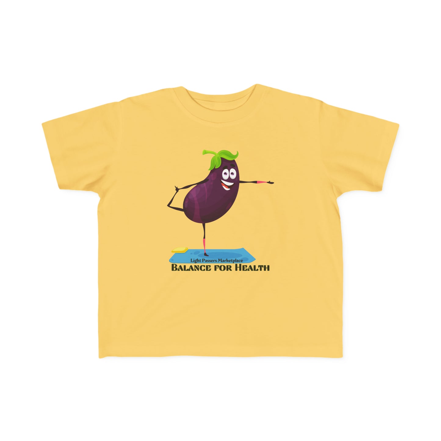 A yellow toddler t-shirt featuring a cartoon eggplant doing yoga, symbolizing balance and health. Made of soft, durable cotton with a high-quality print.