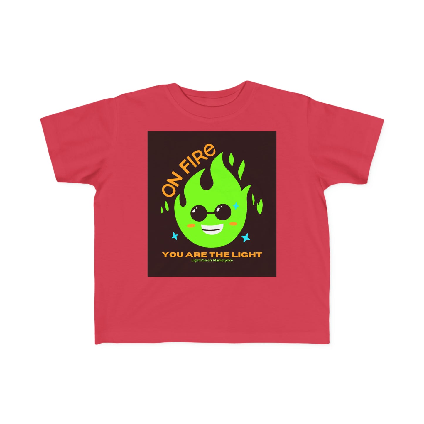 A toddler's tee featuring a green flame with sunglasses and text, on a red shirt. Soft, durable 100% combed cotton, light fabric, tear-away label, classic fit.