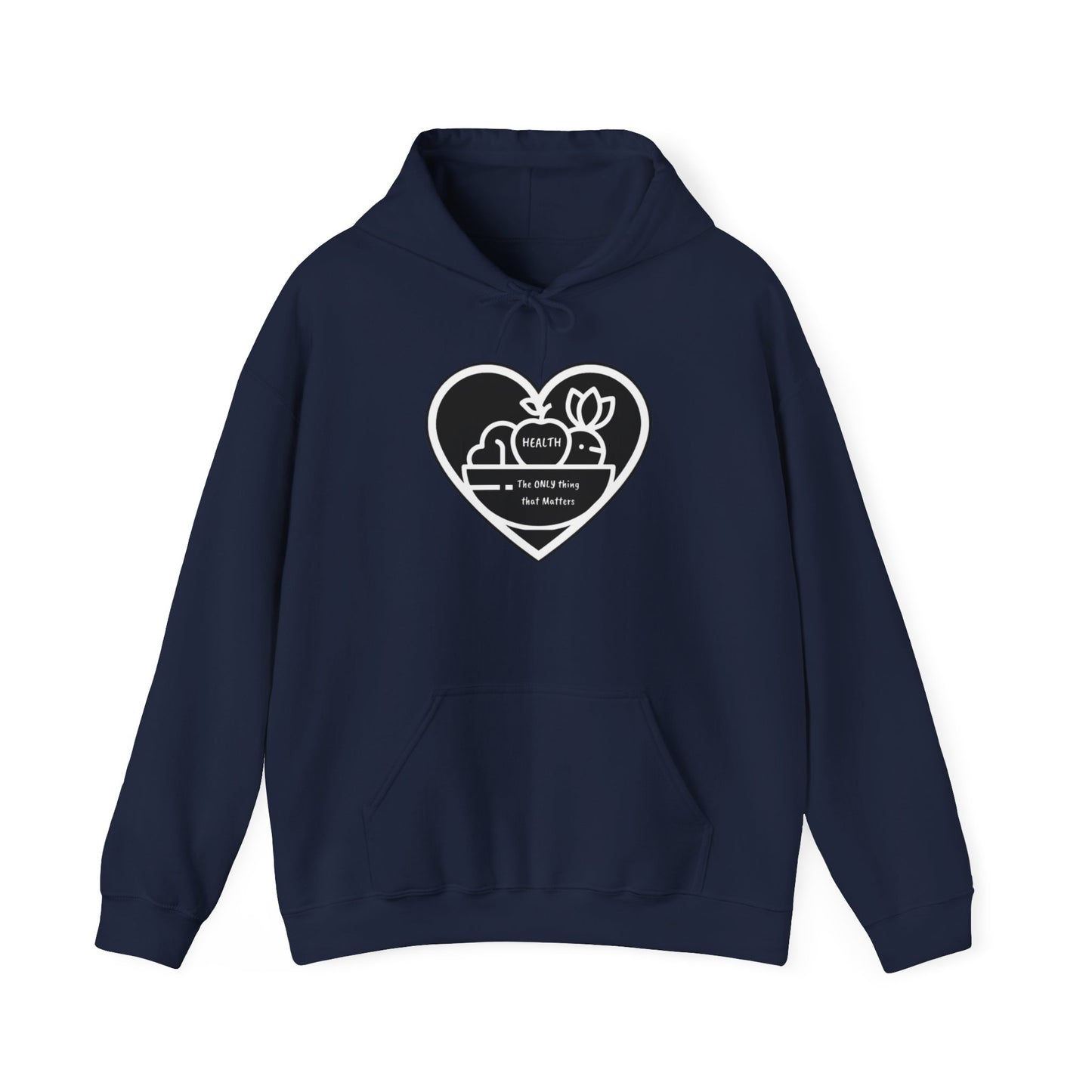 Health Happy Foods Fruit Basket Adult Unisex Hoodie featuring a stylish heart and apple logo on a blue sweatshirt, with a cozy kangaroo pocket and color-matched drawstring.
