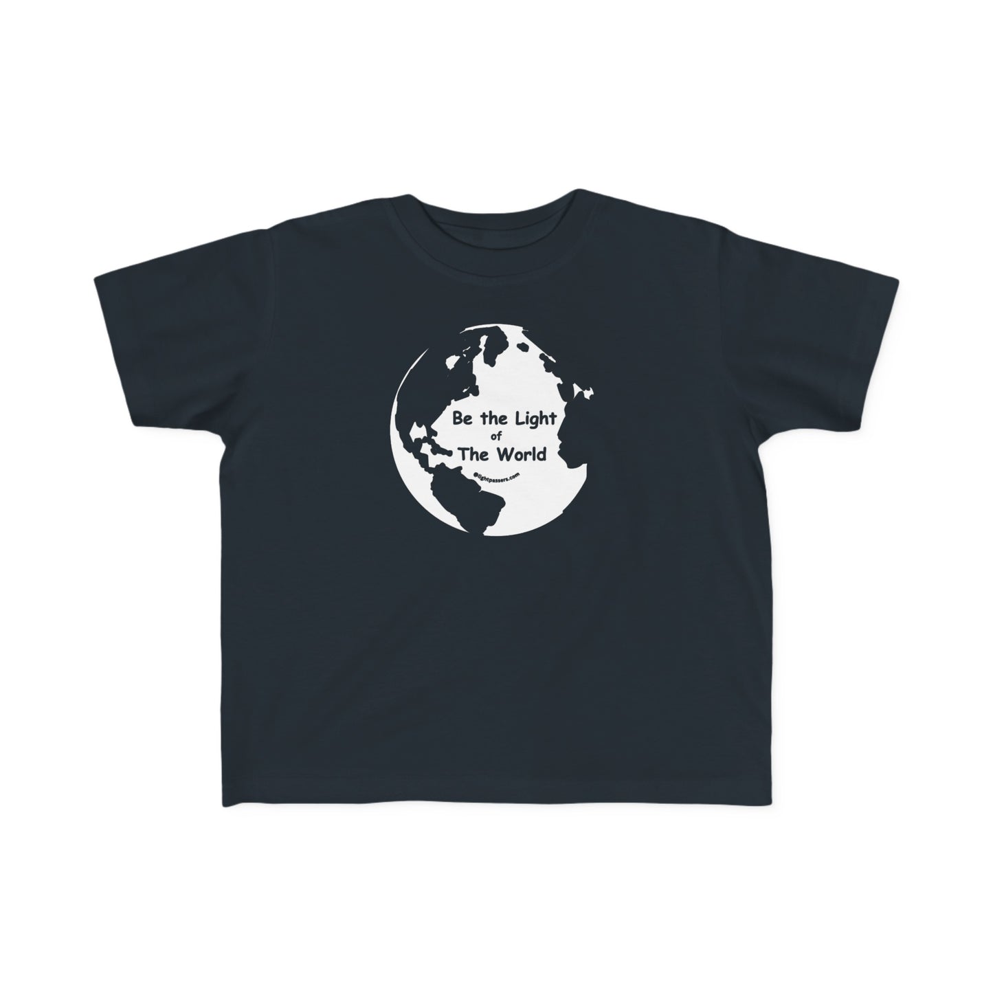 A toddler's black tee with a white and black design, featuring Be the Light of the World text. Made of soft, 100% combed cotton, light fabric, tear-away label, and a classic fit.